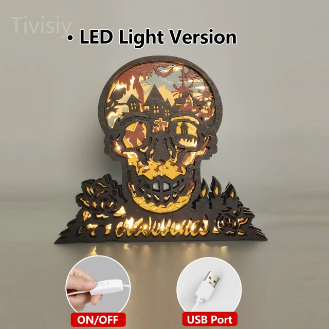 Halloween Skull 3D Wooden Carving,Suitable for Home Decoration,Holiday Gift,Art Night Light